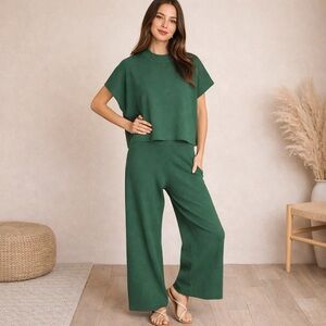 NEW Zenana Dark Green Ribbed Matching Set Size Large Viscose Top High Rise Pants